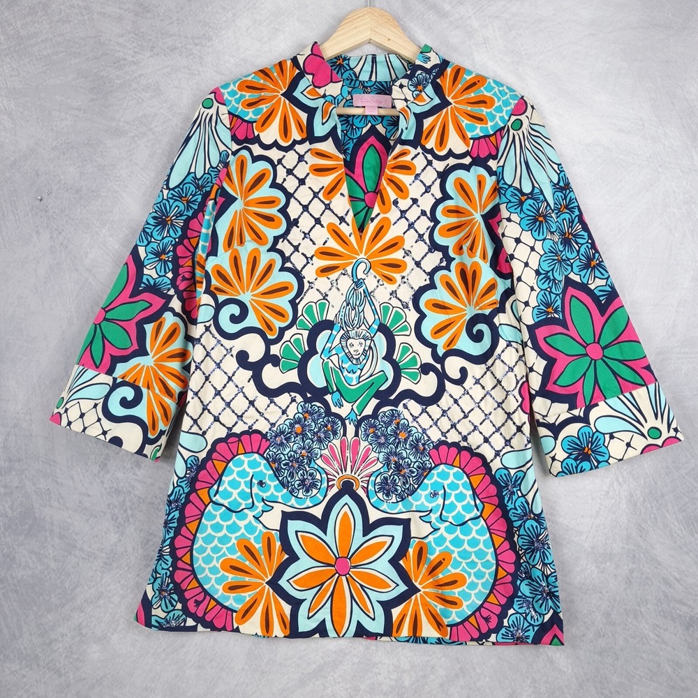 Lilly Pulitzer Tunic Top Womens XS Chimply Chic Monkey Coastal Sequin Palooza